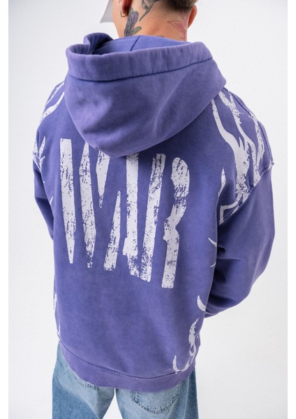 Erkek War Baskılı Yıkamalı Kapüşonlu Oversize Hoodie Mor indirimleri