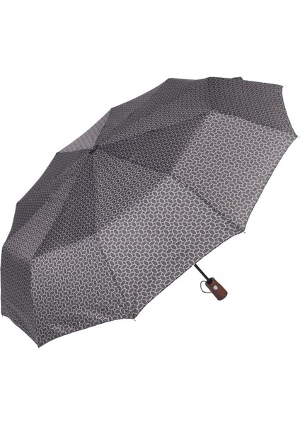 Ahşap Sap Ful Otomatik 10 Telli Lüx Kadın Şemsiyesi Geometrik Desnli