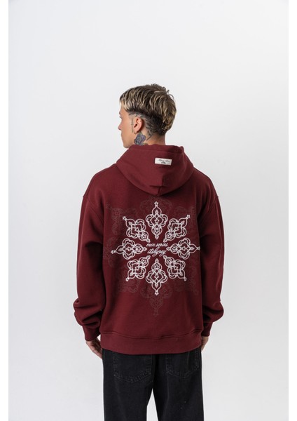 Erkek Itsbyzey Nakışlı Kapüşonlu Oversize Hoodie Bordo