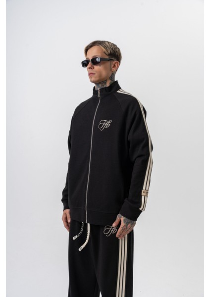 Erkek 3'lü Şerit Detaylı Dik Yaka Doubleface Zip Oversize Sweatshirt Siyah fiyatları