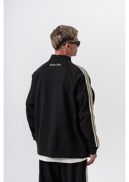 Erkek 3'lü Şerit Detaylı Dik Yaka Doubleface Zip Oversize Sweatshirt Siyah modelleri