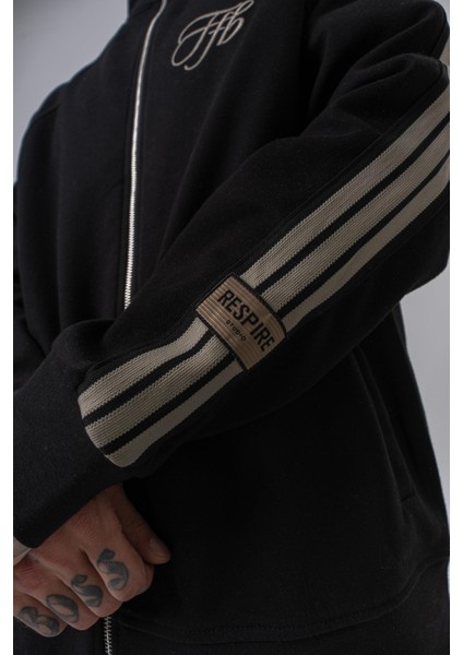 Erkek 3'lü Şerit Detaylı Dik Yaka Doubleface Zip Oversize Sweatshirt Siyah indirimleri