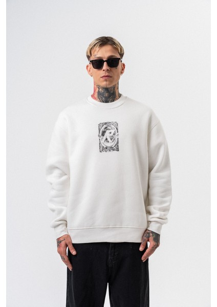 Erkek Indefinite Baskılı Bisiklet Yaka Oversize Sweatshirt Ekru fiyatları