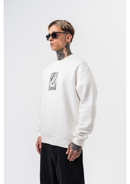Erkek Indefinite Baskılı Bisiklet Yaka Oversize Sweatshirt Ekru modelleri