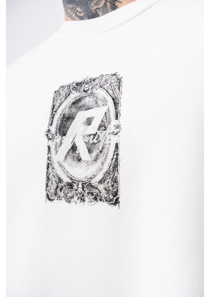 Erkek Indefinite Baskılı Bisiklet Yaka Oversize Sweatshirt Ekru fırsatları