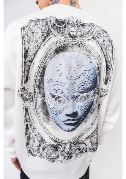 Erkek Indefinite Baskılı Bisiklet Yaka Oversize Sweatshirt Ekru indirimleri