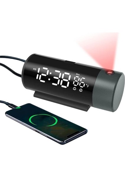 Projeksiyon Saat Silindir 180° Çift Alarm Sıcaklık-Saat Yansıtmalı Çalar Saat Telefon Şarjı
