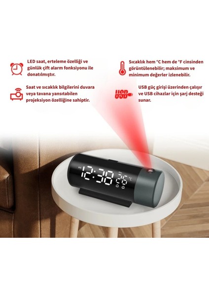 Projeksiyon Saat Silindir 180° Çift Alarm Sıcaklık-Saat Yansıtmalı Çalar Saat Telefon Şarjı modelleri