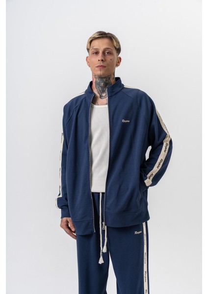 Erkek Respire Şerit Detaylı Dik Yaka Doubleface Zip Oversize Sweatshirt Lacivert