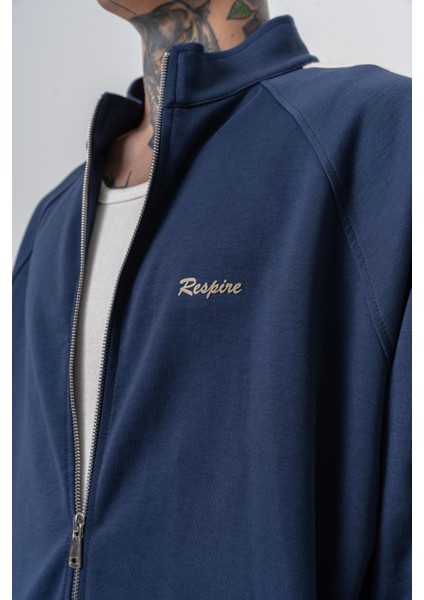 Erkek Respire Şerit Detaylı Dik Yaka Doubleface Zip Oversize Sweatshirt Lacivert indirimleri