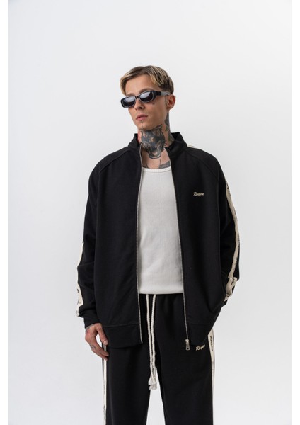 Erkek Respire Şerit Detaylı Dik Yaka Doubleface Zip Oversize Sweatshirt Siyah