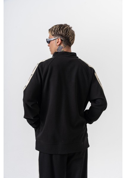 Erkek Respire Şerit Detaylı Dik Yaka Doubleface Zip Oversize Sweatshirt Siyah modelleri