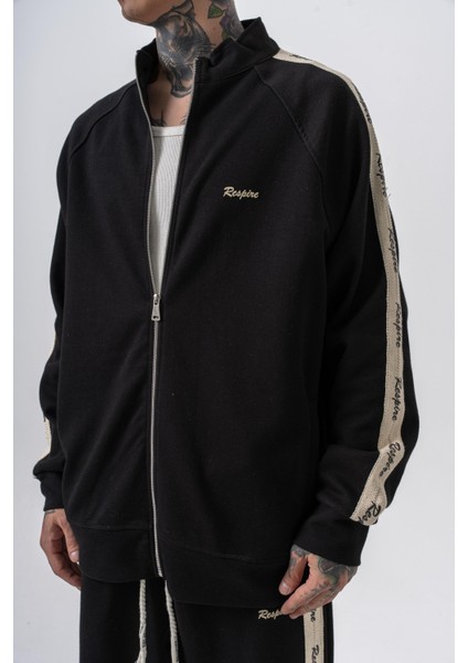Erkek Respire Şerit Detaylı Dik Yaka Doubleface Zip Oversize Sweatshirt Siyah fırsatları