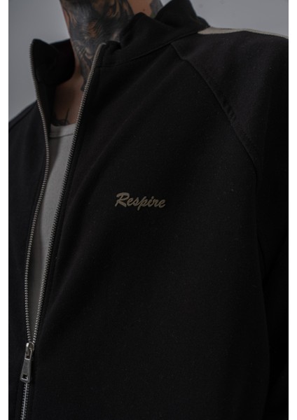 Erkek Respire Şerit Detaylı Dik Yaka Doubleface Zip Oversize Sweatshirt Siyah indirimleri