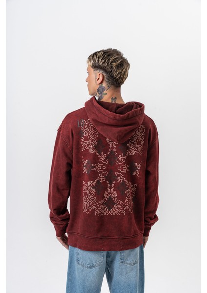 Erkek 10 Baskılı Yıkamalı Kapüşonlu Oversize Hoodie Bordo