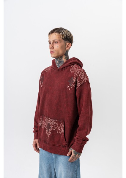 Erkek 10 Baskılı Yıkamalı Kapüşonlu Oversize Hoodie Bordo modelleri