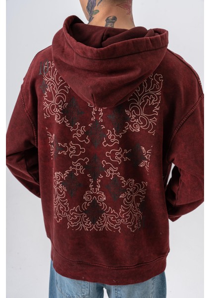Erkek 10 Baskılı Yıkamalı Kapüşonlu Oversize Hoodie Bordo fırsatları
