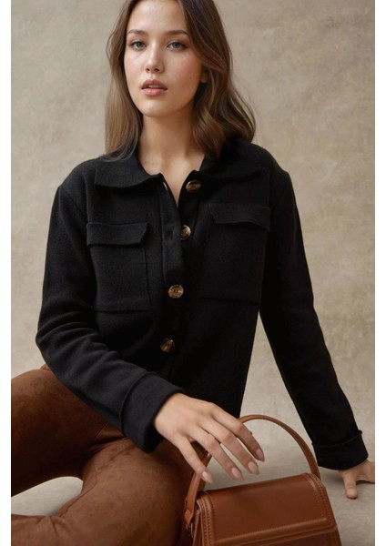 Kadın Düğmeli Cep Detaylı Triko Hırka Black