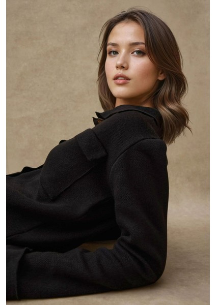 Kadın Düğmeli Cep Detaylı Triko Hırka Black fiyatları