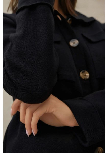 Kadın Düğmeli Cep Detaylı Triko Hırka Black fırsatları