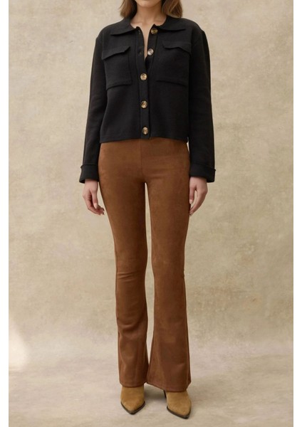 Kadın Düğmeli Cep Detaylı Triko Hırka Black