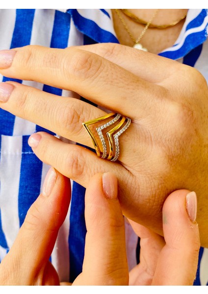 Altın Renk Zirkon Taşlı V Model Tasarım Ayarlanabilir Yüzük