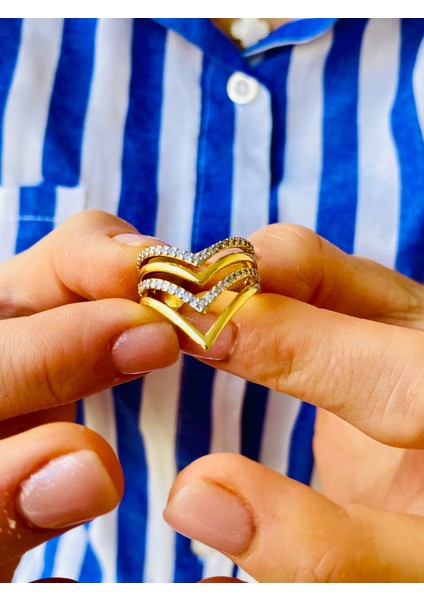 Altın Renk Zirkon Taşlı V Model Tasarım Ayarlanabilir Yüzük modelleri