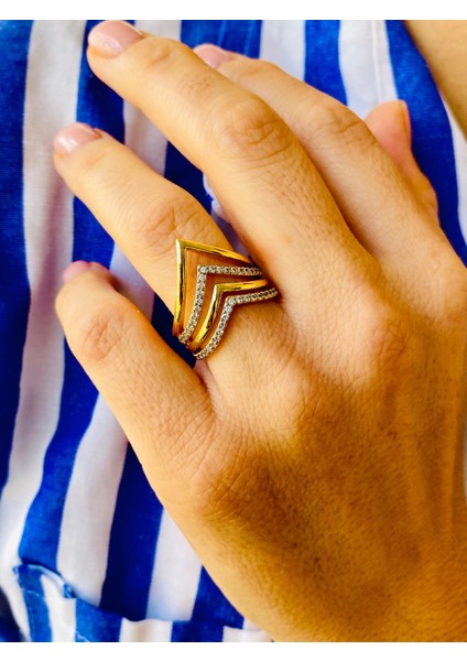 Altın Renk Zirkon Taşlı V Model Tasarım Ayarlanabilir Yüzük fırsatları