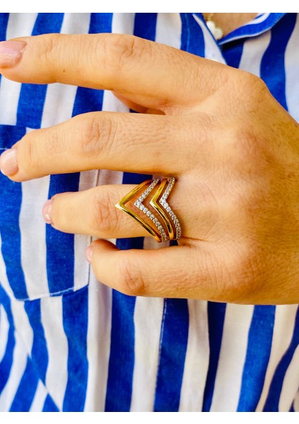 Altın Renk Zirkon Taşlı V Model Tasarım Ayarlanabilir Yüzük indirimleri