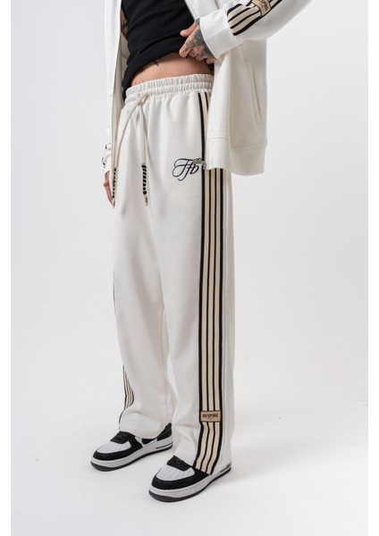 Erkek 3'lü Şerit Detaylı Kışlık Doubleface Baggy Eşofman Altı Ekru