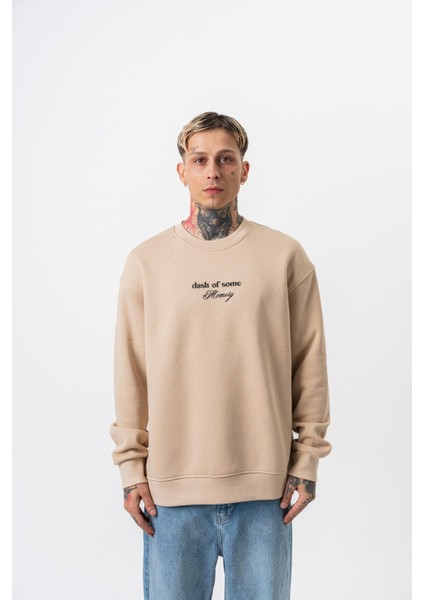 Erkek Memory Baskılı Bisiklet Yaka Oversize Sweatshirt Bej fiyatları