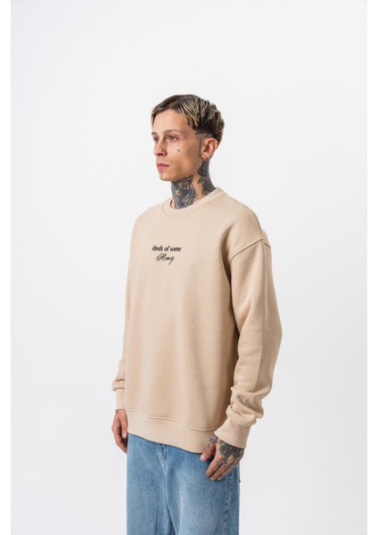 Erkek Memory Baskılı Bisiklet Yaka Oversize Sweatshirt Bej modelleri