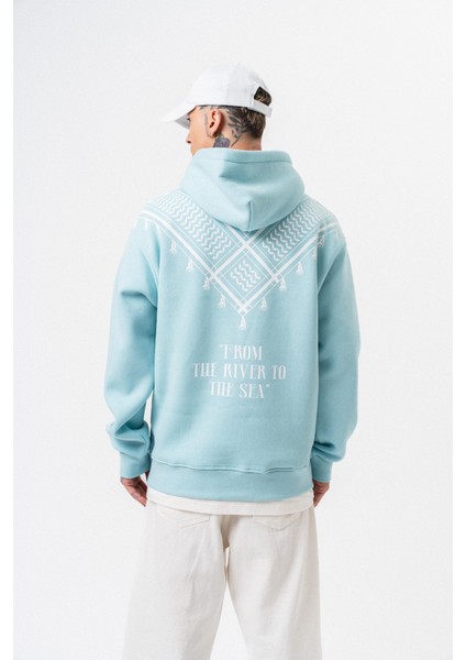 Erkek The Sea Baskılı Kapüşonlu Oversize Hoodie Bebe Mavi