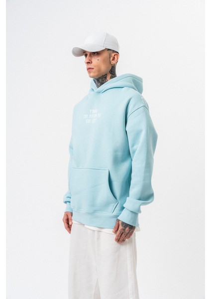 Erkek The Sea Baskılı Kapüşonlu Oversize Hoodie Bebe Mavi modelleri