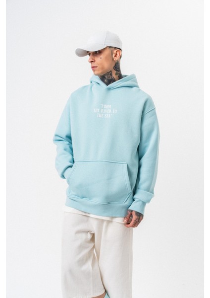 Erkek The Sea Baskılı Kapüşonlu Oversize Hoodie Bebe Mavi fırsatları