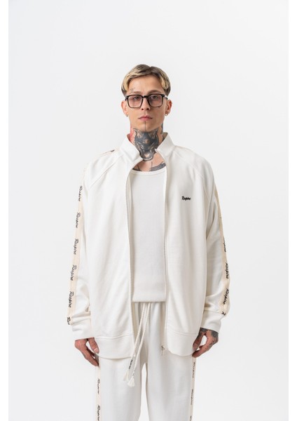 Erkek Respire Şerit Detaylı Dik Yaka Doubleface Zip Oversize Sweatshirt Ekru