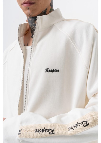 Erkek Respire Şerit Detaylı Dik Yaka Doubleface Zip Oversize Sweatshirt Ekru indirimleri