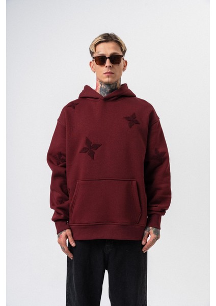 Erkek Süzene Nakış Detaylı Kapüşonlu Oversize Hoodie Bordo