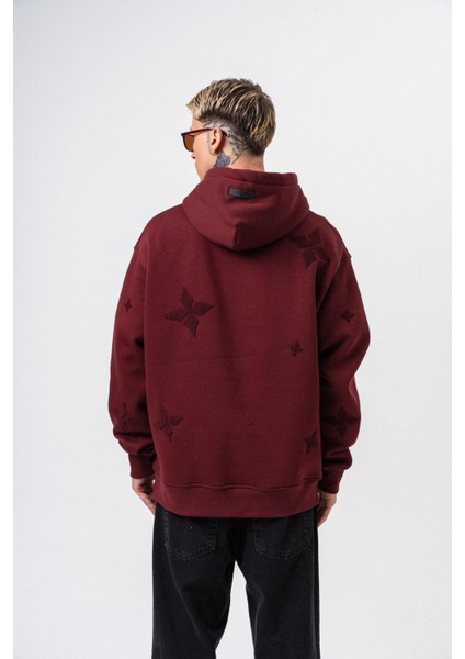 Erkek Süzene Nakış Detaylı Kapüşonlu Oversize Hoodie Bordo modelleri