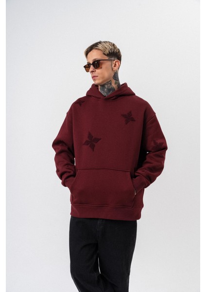 Erkek Süzene Nakış Detaylı Kapüşonlu Oversize Hoodie Bordo fırsatları