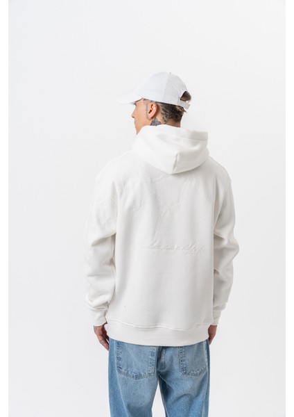 Erkek Minimalism Series Nakışlı Kapüşonlu Oversize Hoodie Ekru