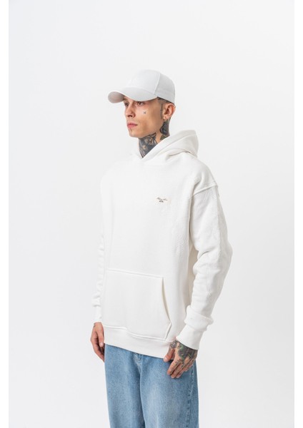 Erkek Minimalism Series Nakışlı Kapüşonlu Oversize Hoodie Ekru modelleri