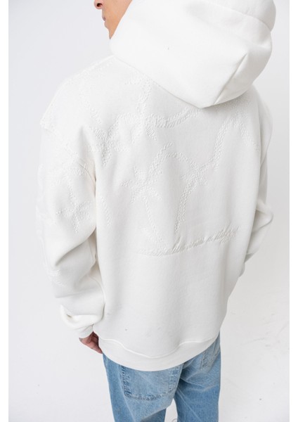 Erkek Minimalism Series Nakışlı Kapüşonlu Oversize Hoodie Ekru indirimleri