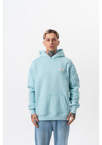 Erkek Minimalism Series Nakışlı Kapüşonlu Oversize Hoodie Bebe Mavi fiyatları
