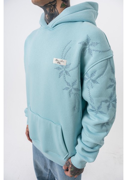 Erkek Minimalism Series Nakışlı Kapüşonlu Oversize Hoodie Bebe Mavi indirimleri