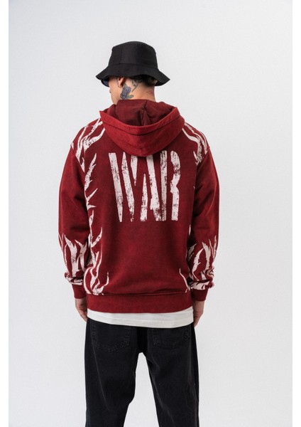 Erkek War Baskılı Yıkamalı Kapüşonlu Oversize Hoodie Bordo