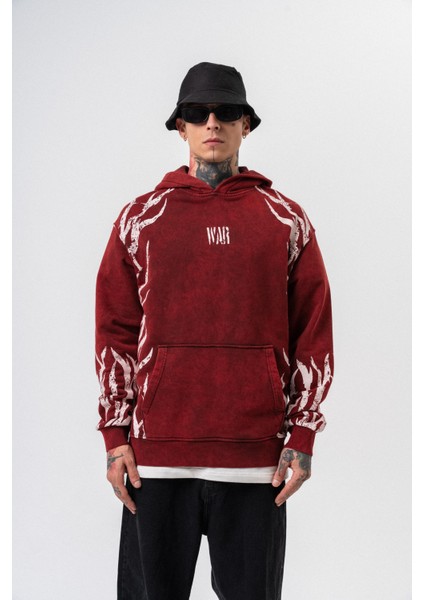Erkek War Baskılı Yıkamalı Kapüşonlu Oversize Hoodie Bordo fiyatları