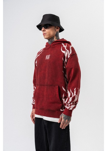 Erkek War Baskılı Yıkamalı Kapüşonlu Oversize Hoodie Bordo modelleri