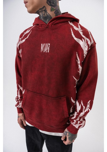 Erkek War Baskılı Yıkamalı Kapüşonlu Oversize Hoodie Bordo fırsatları