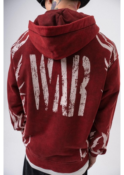 Erkek War Baskılı Yıkamalı Kapüşonlu Oversize Hoodie Bordo indirimleri